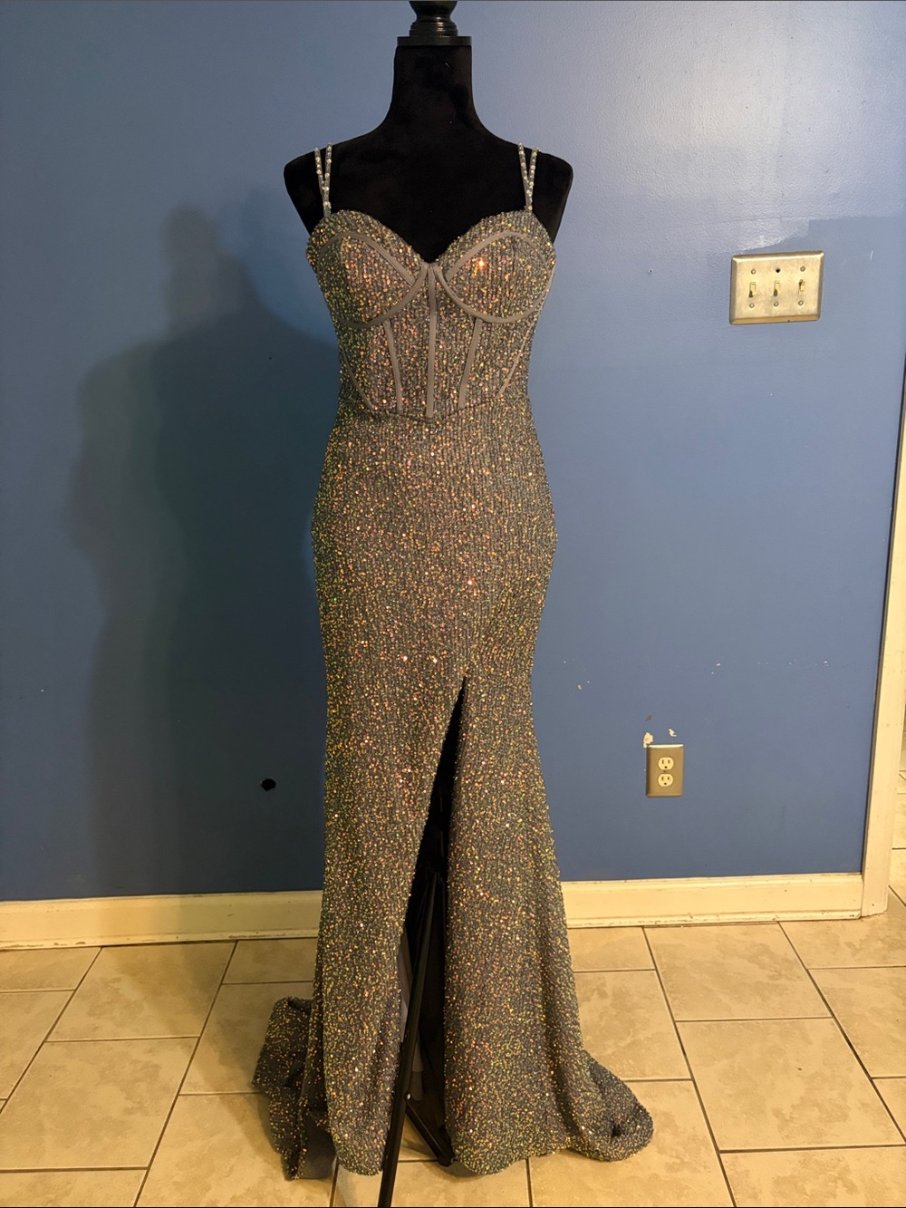 Sparkling Silver Beaded Evening Gown with Corset Bodice